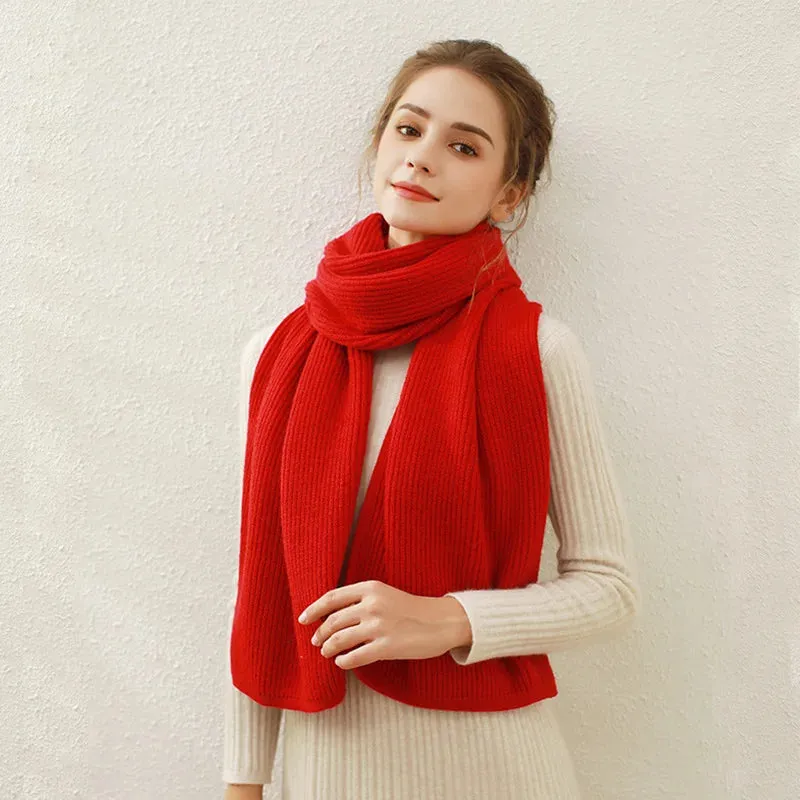 Pure Color Rib Knit Scarf Female Cashmere Warm Long Muffler Winter Scarf