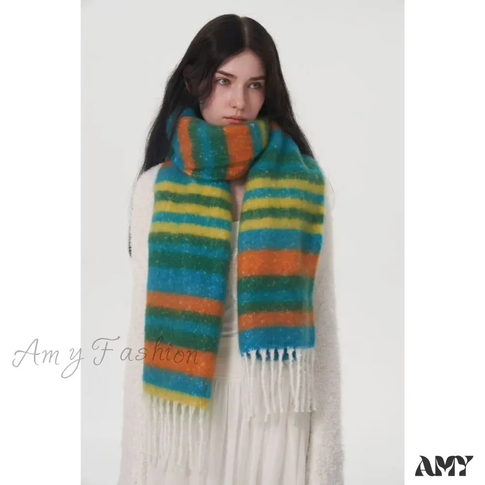 Rainbow Striped Thick Muffler Scarf for Autumn/Winter Warmth