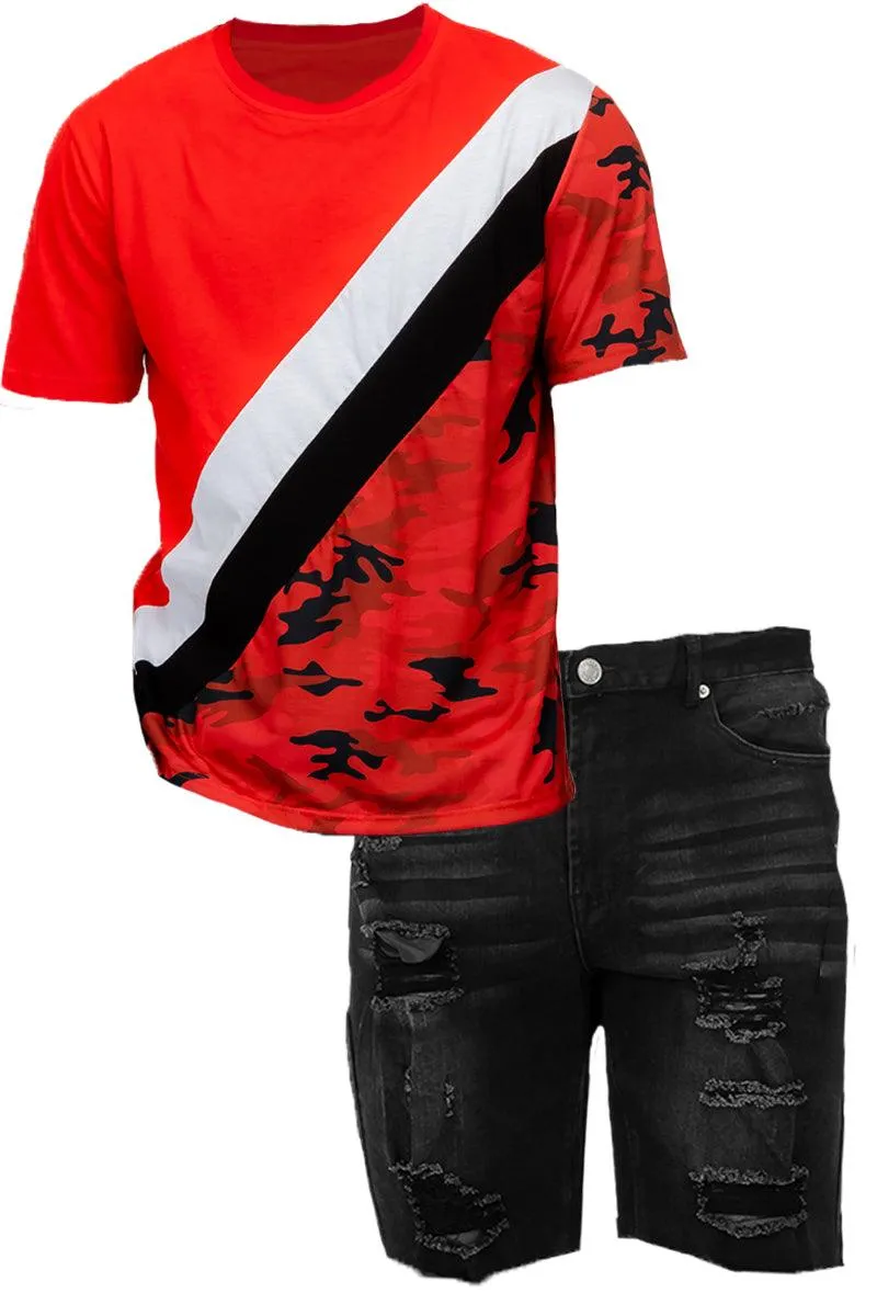 Red Camo Color Block and Black Denim Short Set