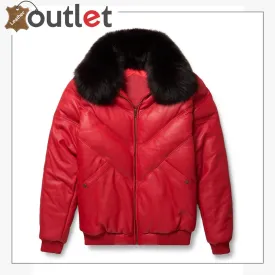 Red Real Qualilty Shearling Mens V Bomber Leather Jacket