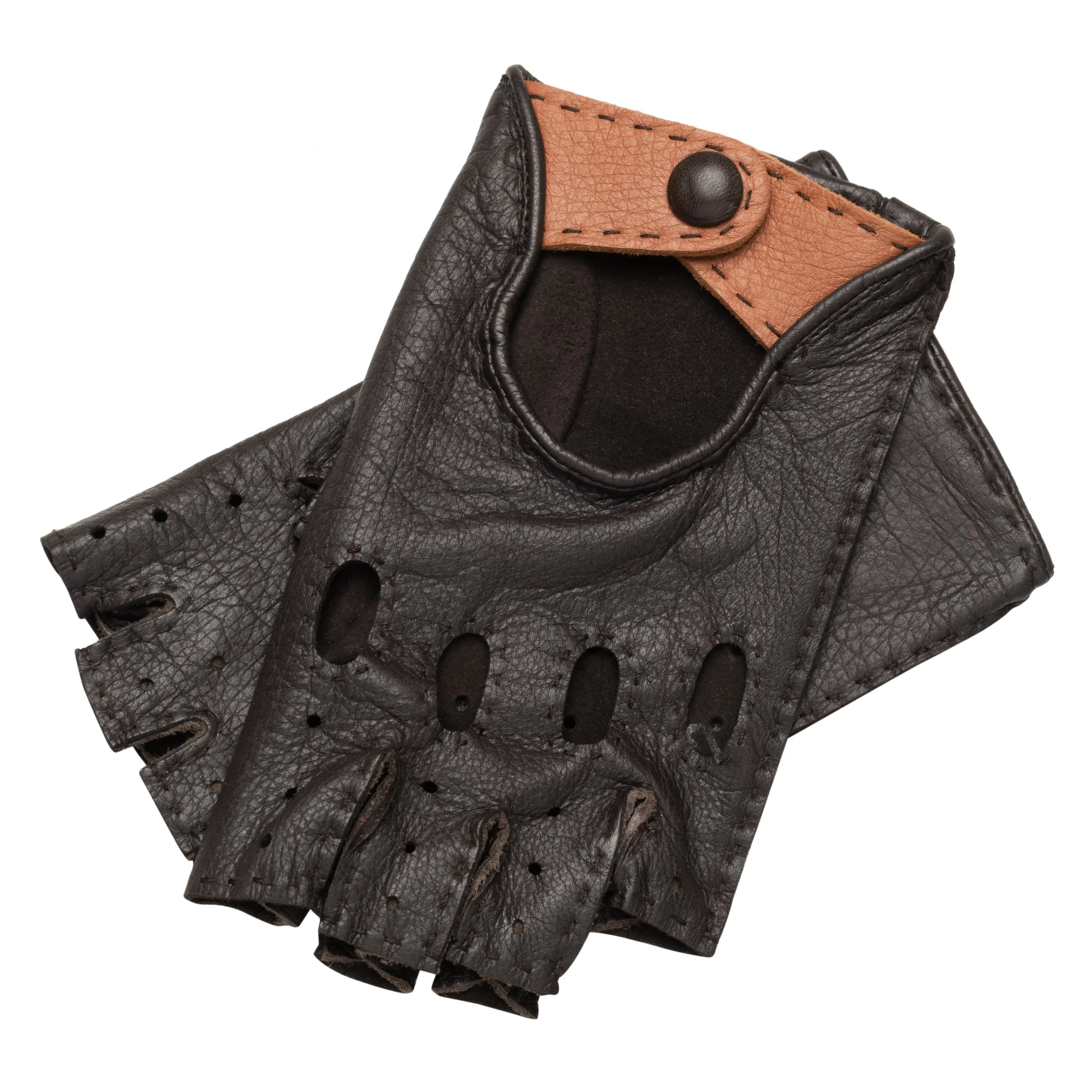 Rome Fingerless Dark Brown and Camel Deerskin Driving Gloves