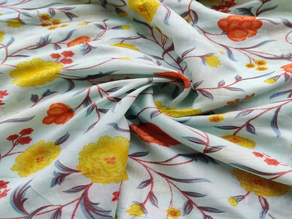 Sky Blue Multicolour Flowers Printed Muslin Cotton Fabric