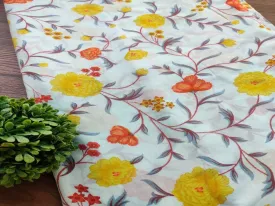 Sky Blue Multicolour Flowers Printed Muslin Cotton Fabric