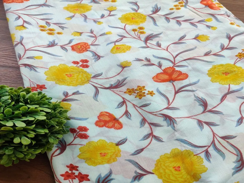 Sky Blue Multicolour Flowers Printed Muslin Cotton Fabric