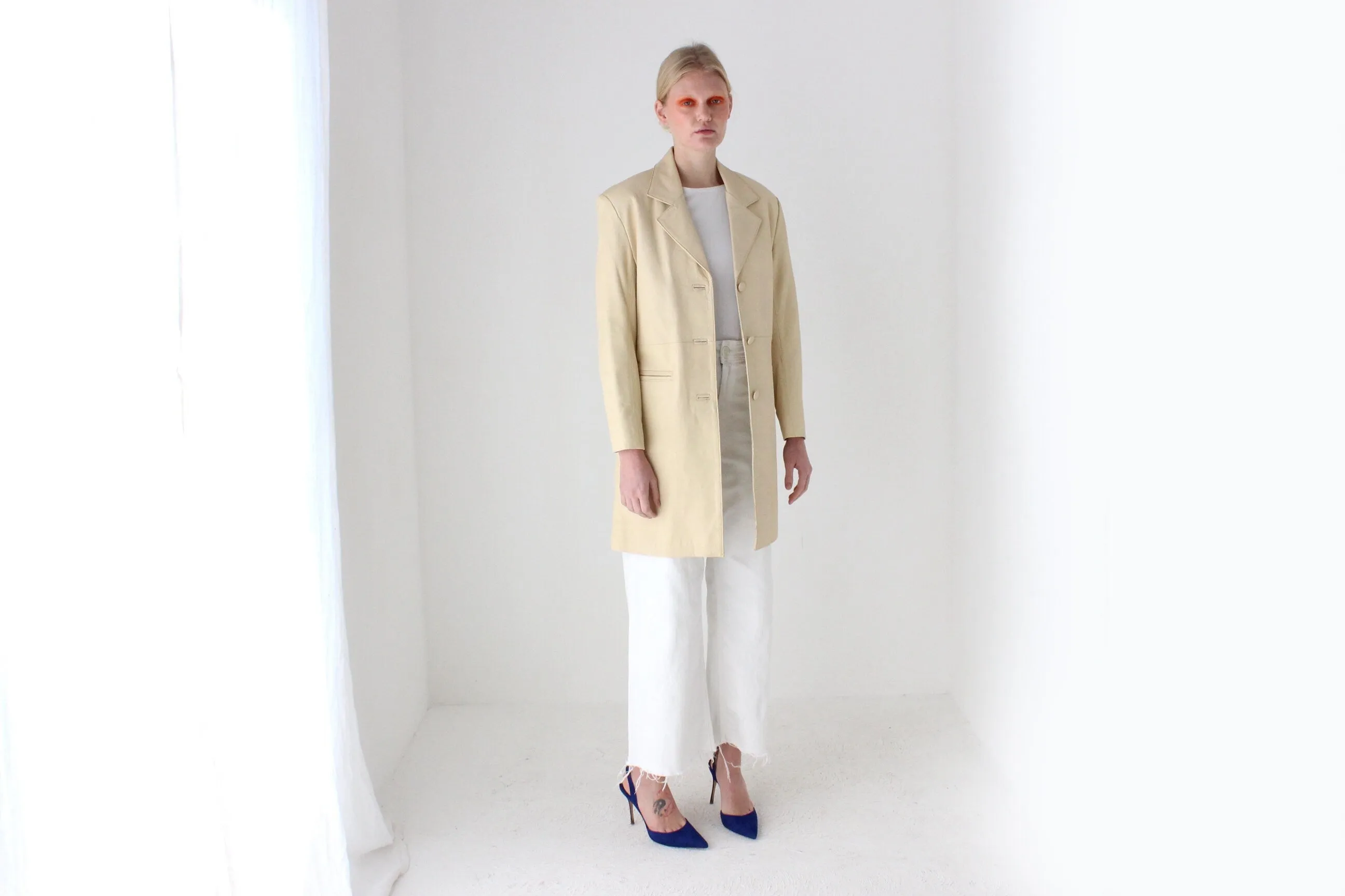 Sleek, Minimal 90s {Real Leather} Custom Made Ecru Cream Long Coat