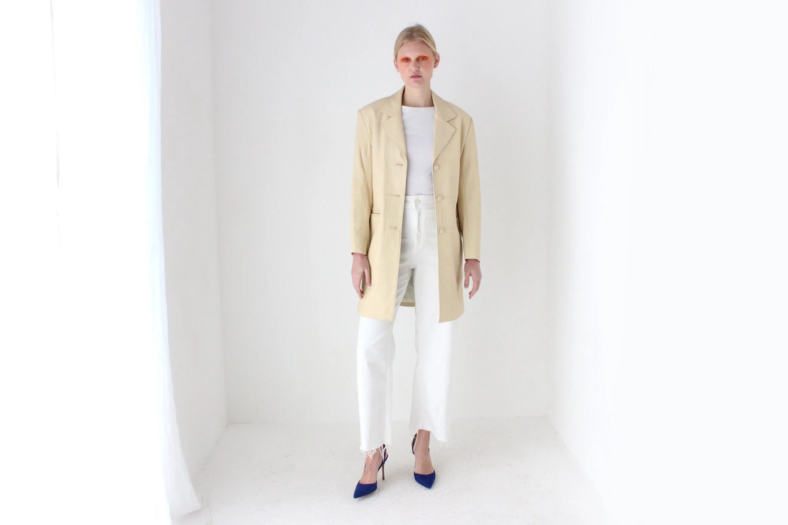 Sleek, Minimal 90s {Real Leather} Custom Made Ecru Cream Long Coat