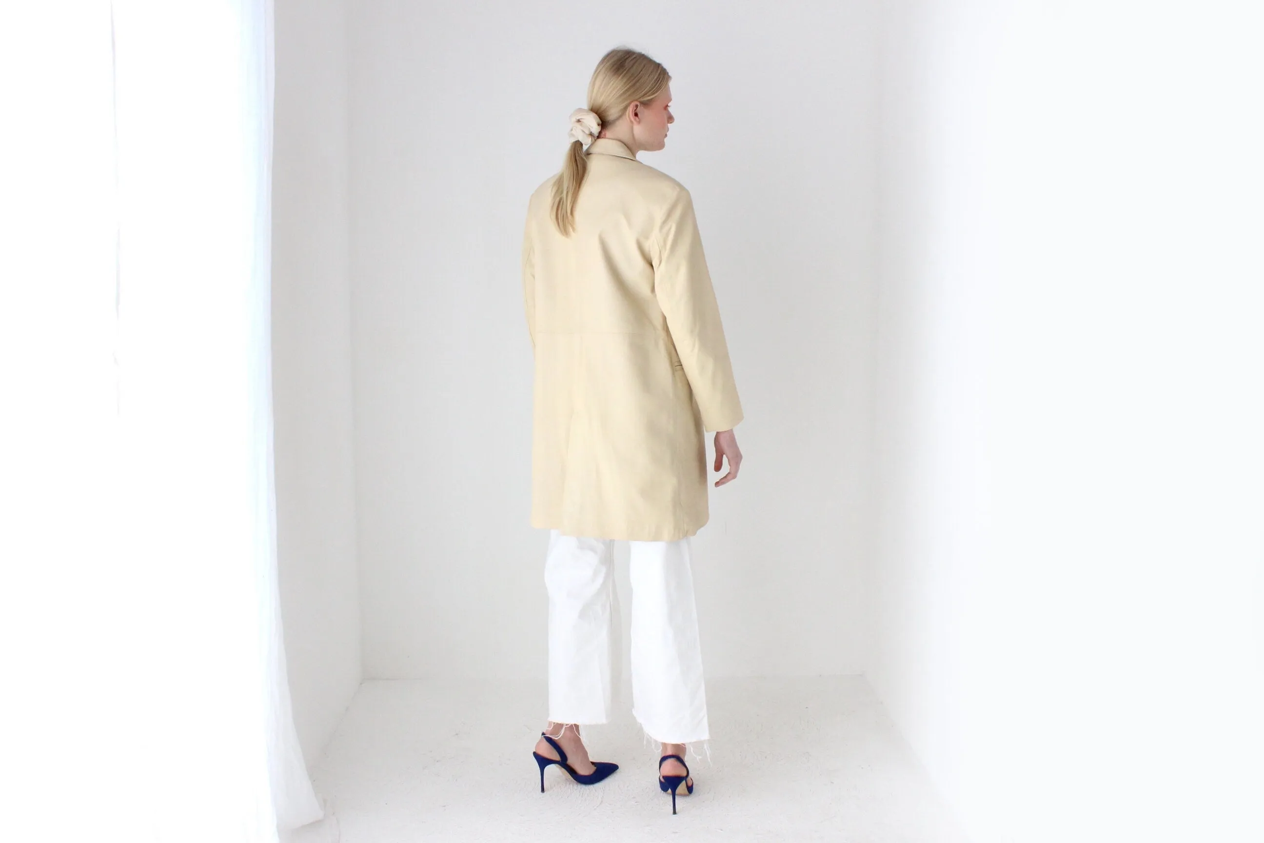 Sleek, Minimal 90s {Real Leather} Custom Made Ecru Cream Long Coat