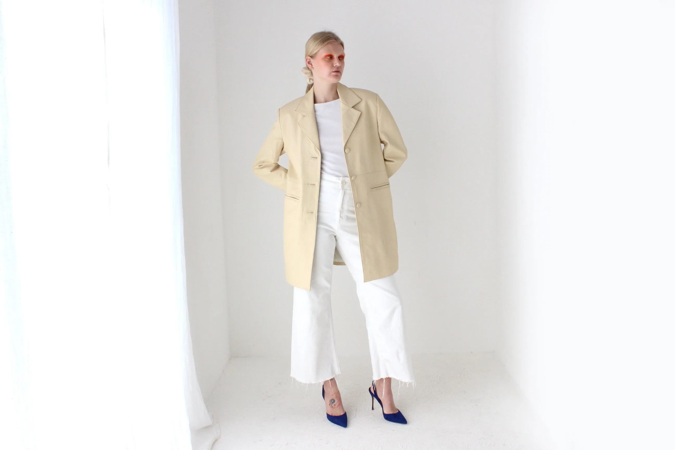 Sleek, Minimal 90s {Real Leather} Custom Made Ecru Cream Long Coat