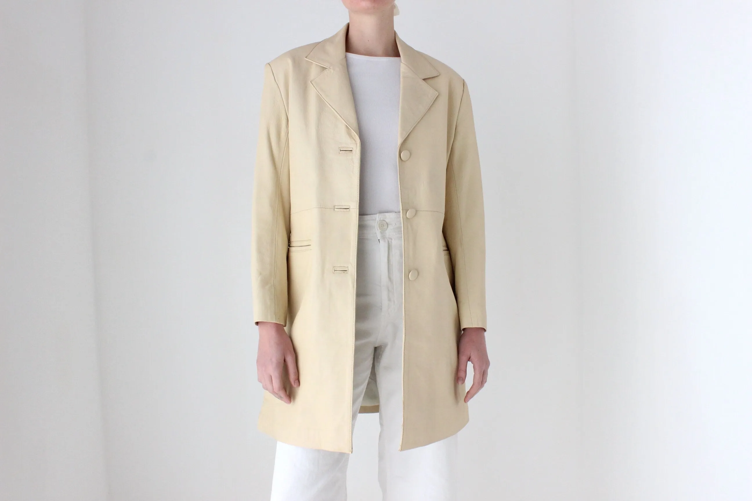 Sleek, Minimal 90s {Real Leather} Custom Made Ecru Cream Long Coat