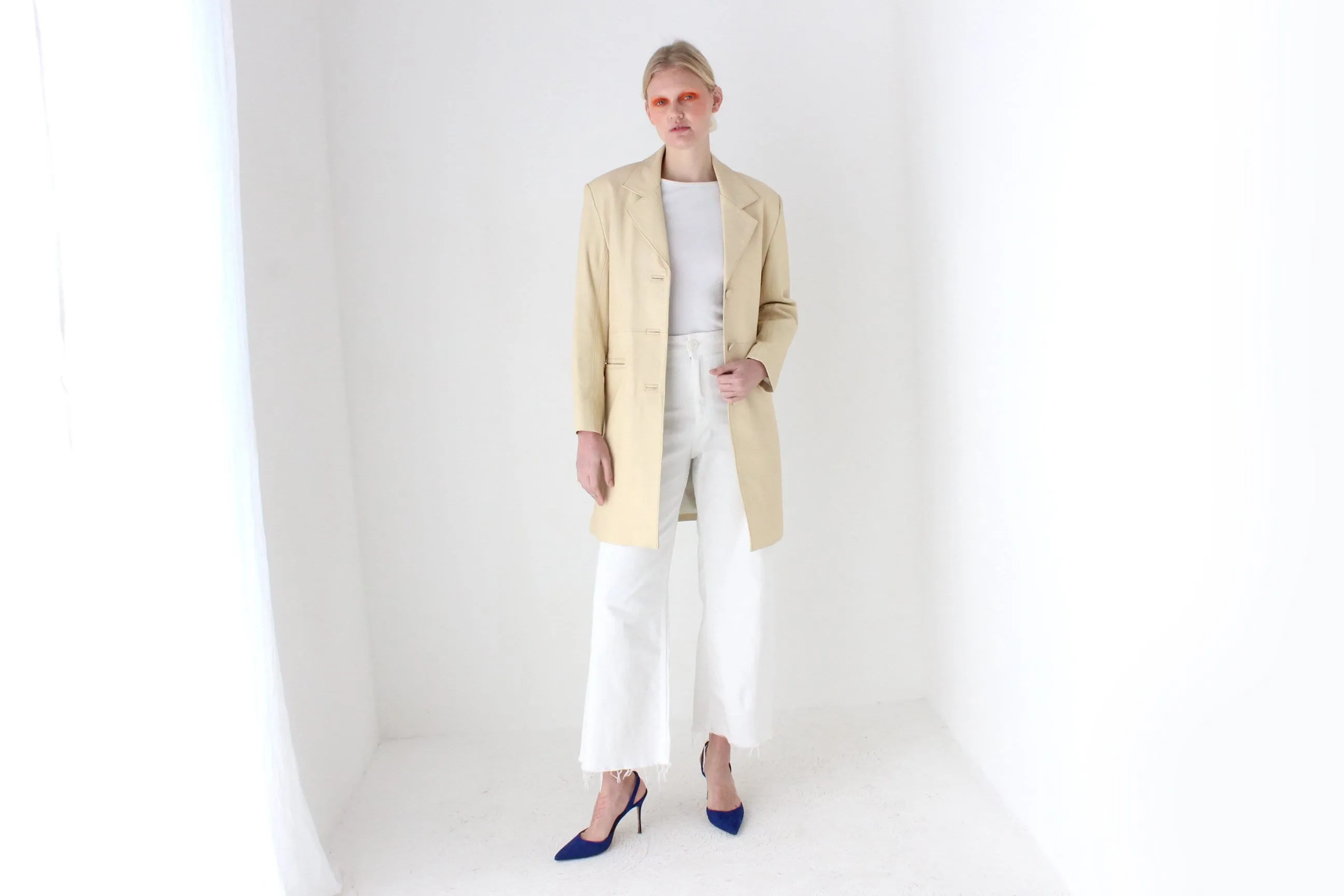 Sleek, Minimal 90s {Real Leather} Custom Made Ecru Cream Long Coat