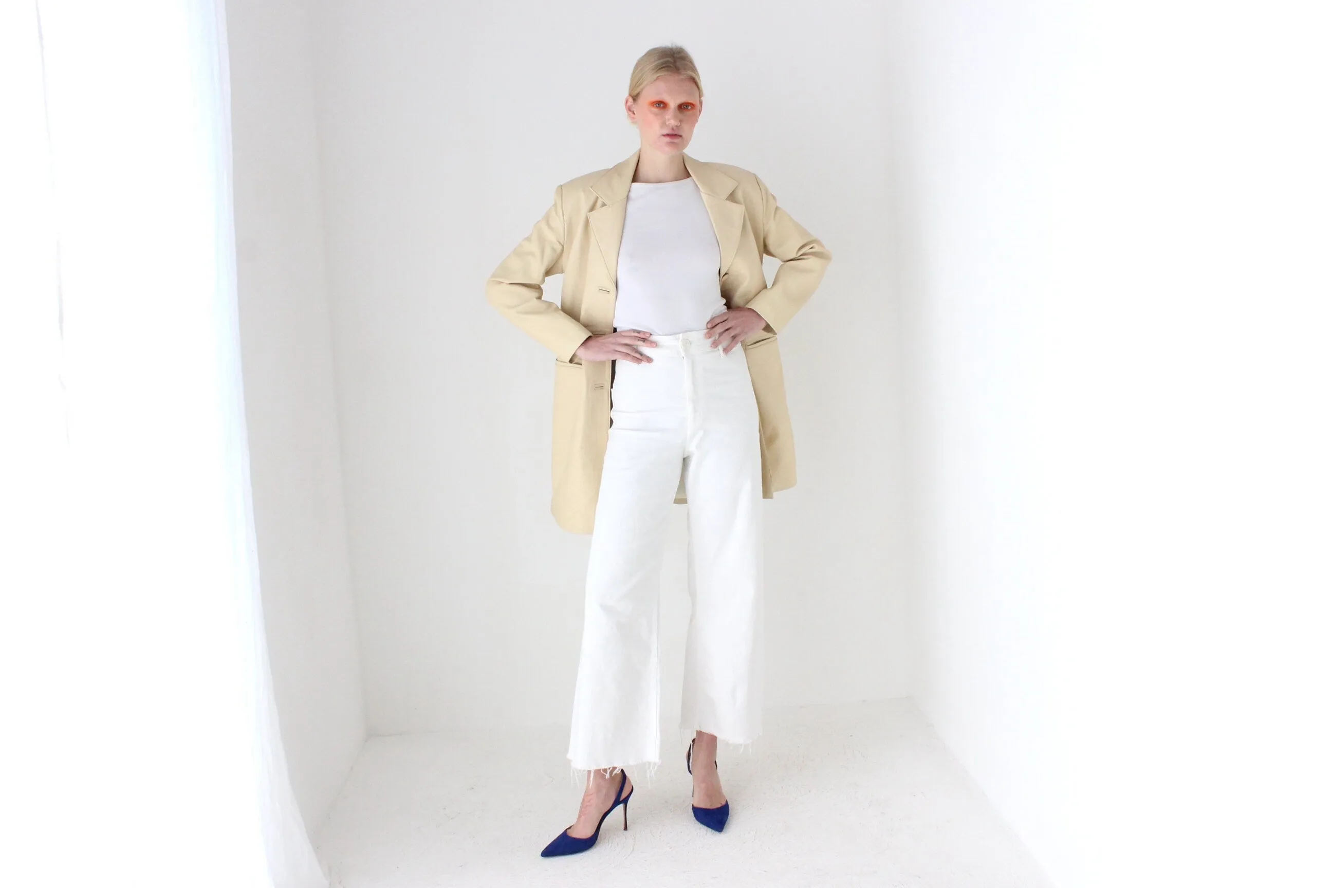 Sleek, Minimal 90s {Real Leather} Custom Made Ecru Cream Long Coat