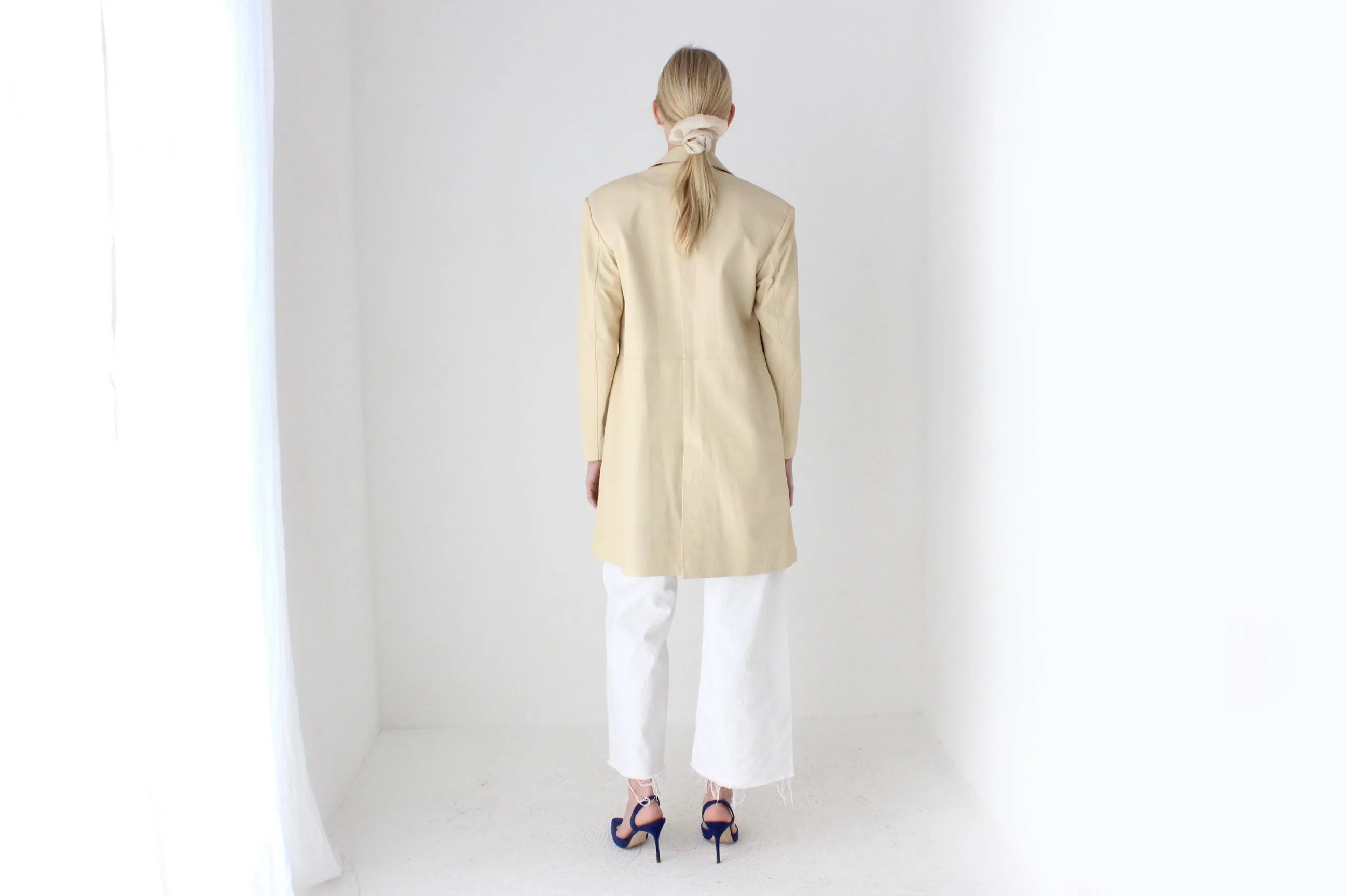 Sleek, Minimal 90s {Real Leather} Custom Made Ecru Cream Long Coat