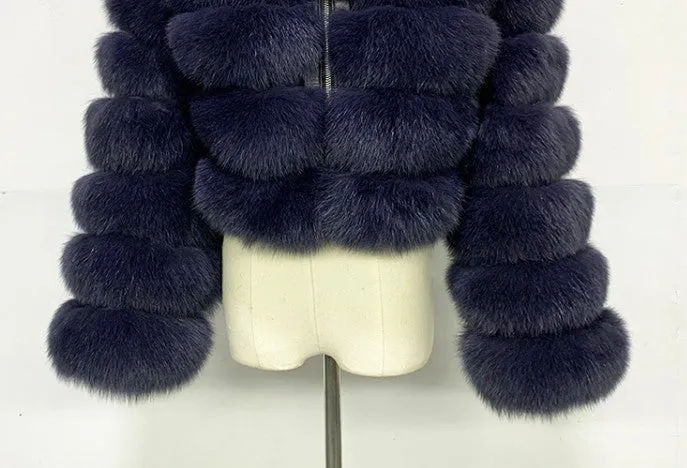 Spliced Faux Fox Fur Crop Short Hoodied Coat