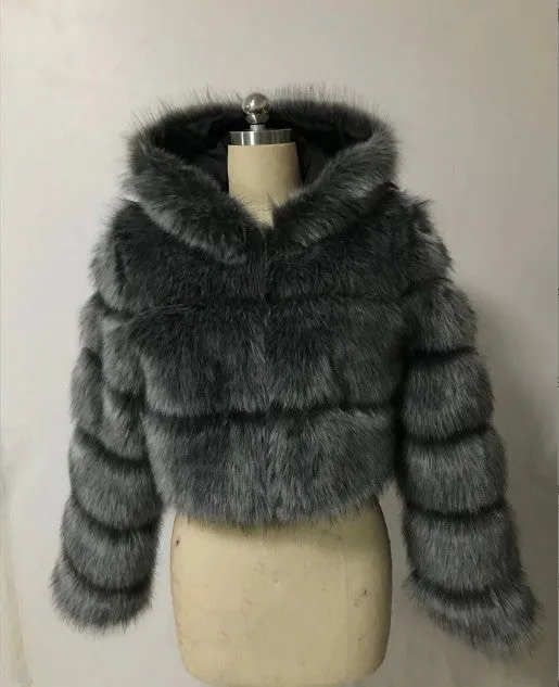 Spliced Faux Fox Fur Crop Short Hoodied Coat