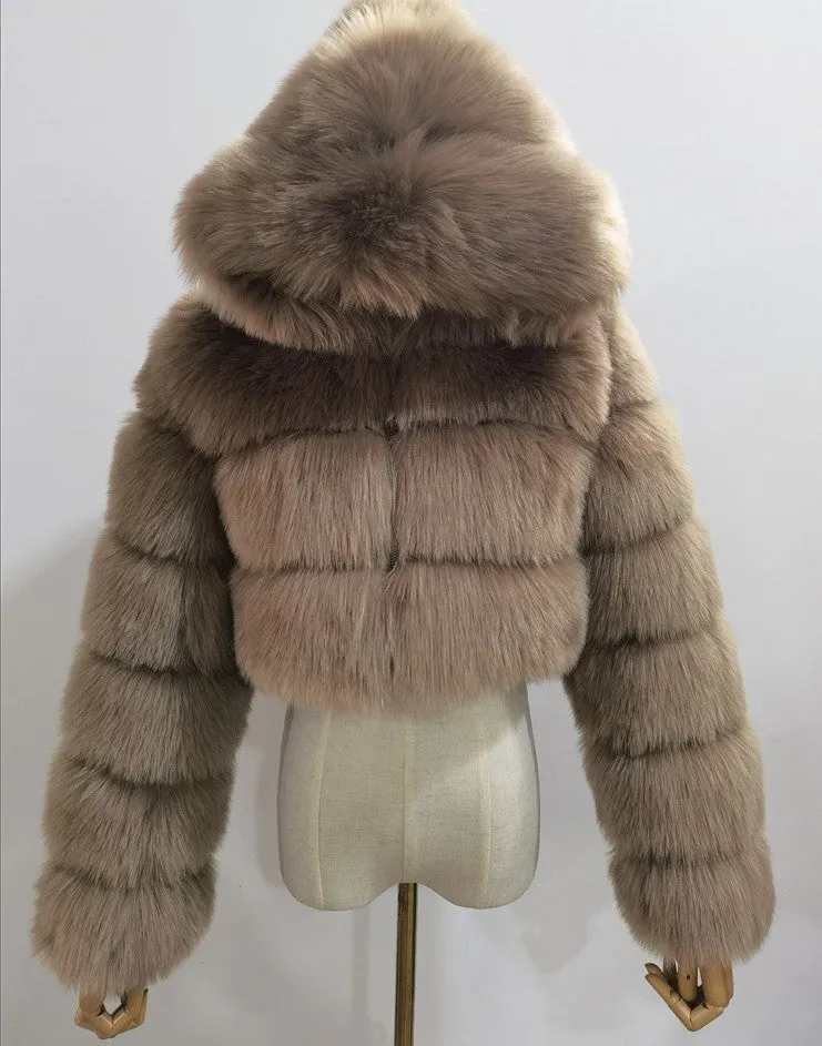 Spliced Faux Fox Fur Crop Short Hoodied Coat