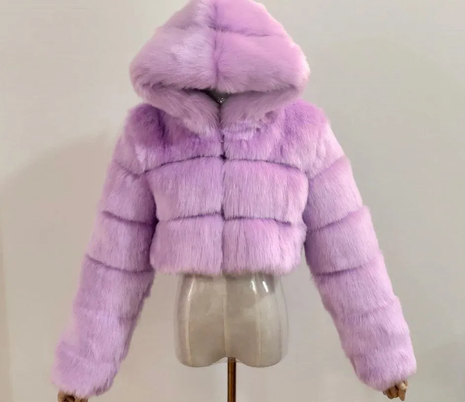 Spliced Faux Fox Fur Crop Short Hoodied Coat