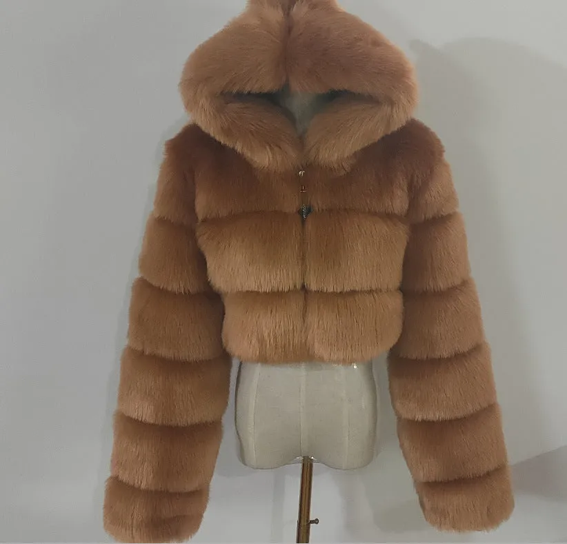 Spliced Faux Fox Fur Crop Short Hoodied Coat