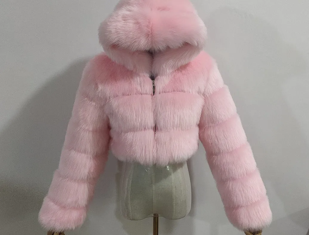 Spliced Faux Fox Fur Crop Short Hoodied Coat