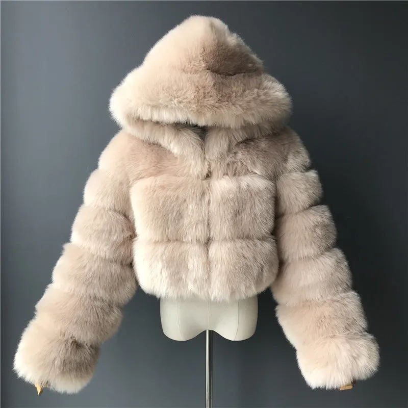 Spliced Faux Fox Fur Crop Short Hoodied Coat