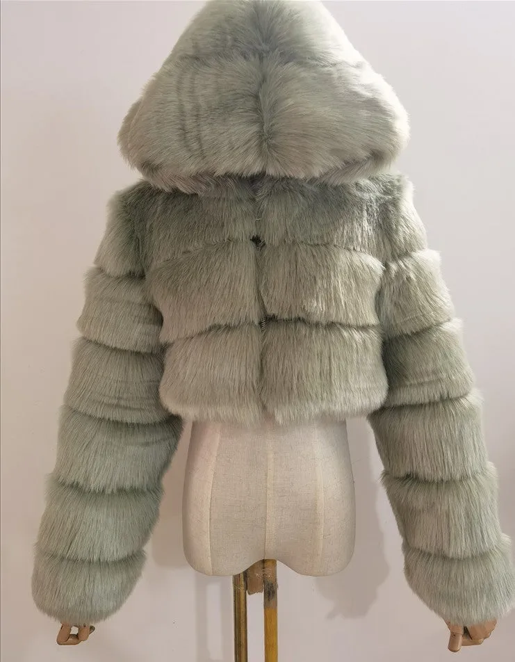 Spliced Faux Fox Fur Crop Short Hoodied Coat