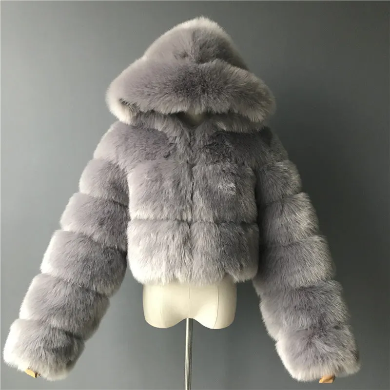 Spliced Faux Fox Fur Crop Short Hoodied Coat