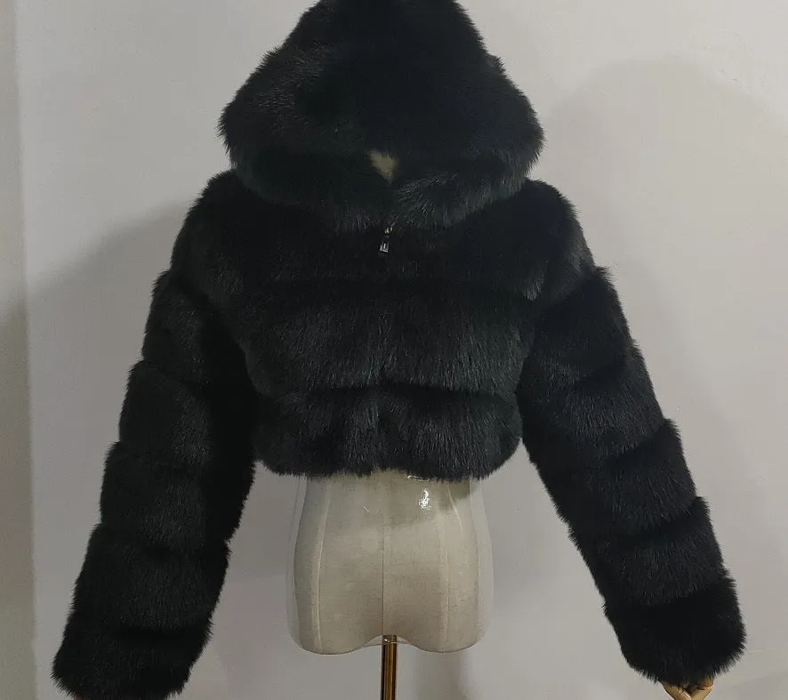 Spliced Faux Fox Fur Crop Short Hoodied Coat