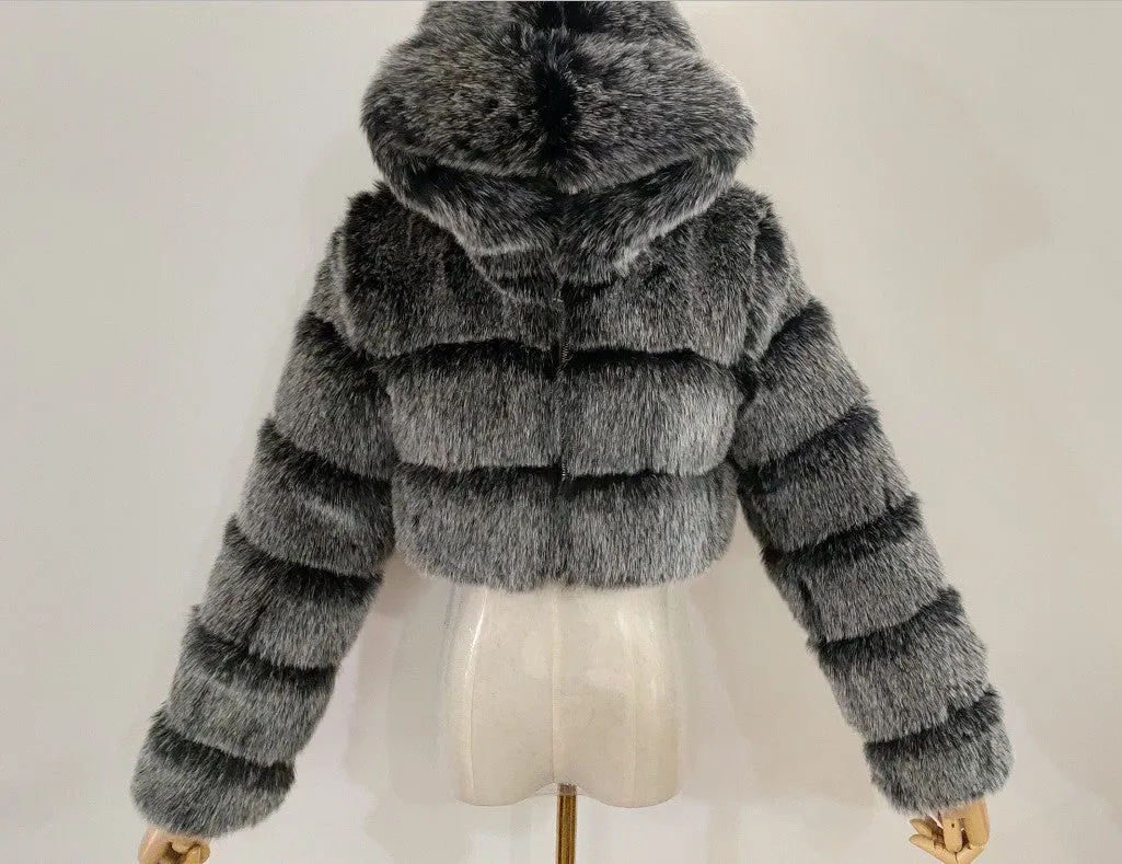 Spliced Faux Fox Fur Crop Short Hoodied Coat