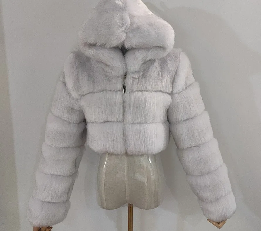 Spliced Faux Fox Fur Crop Short Hoodied Coat