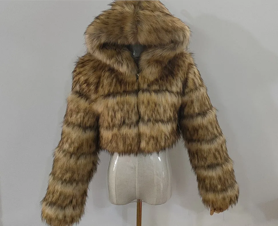 Spliced Faux Fox Fur Crop Short Hoodied Coat