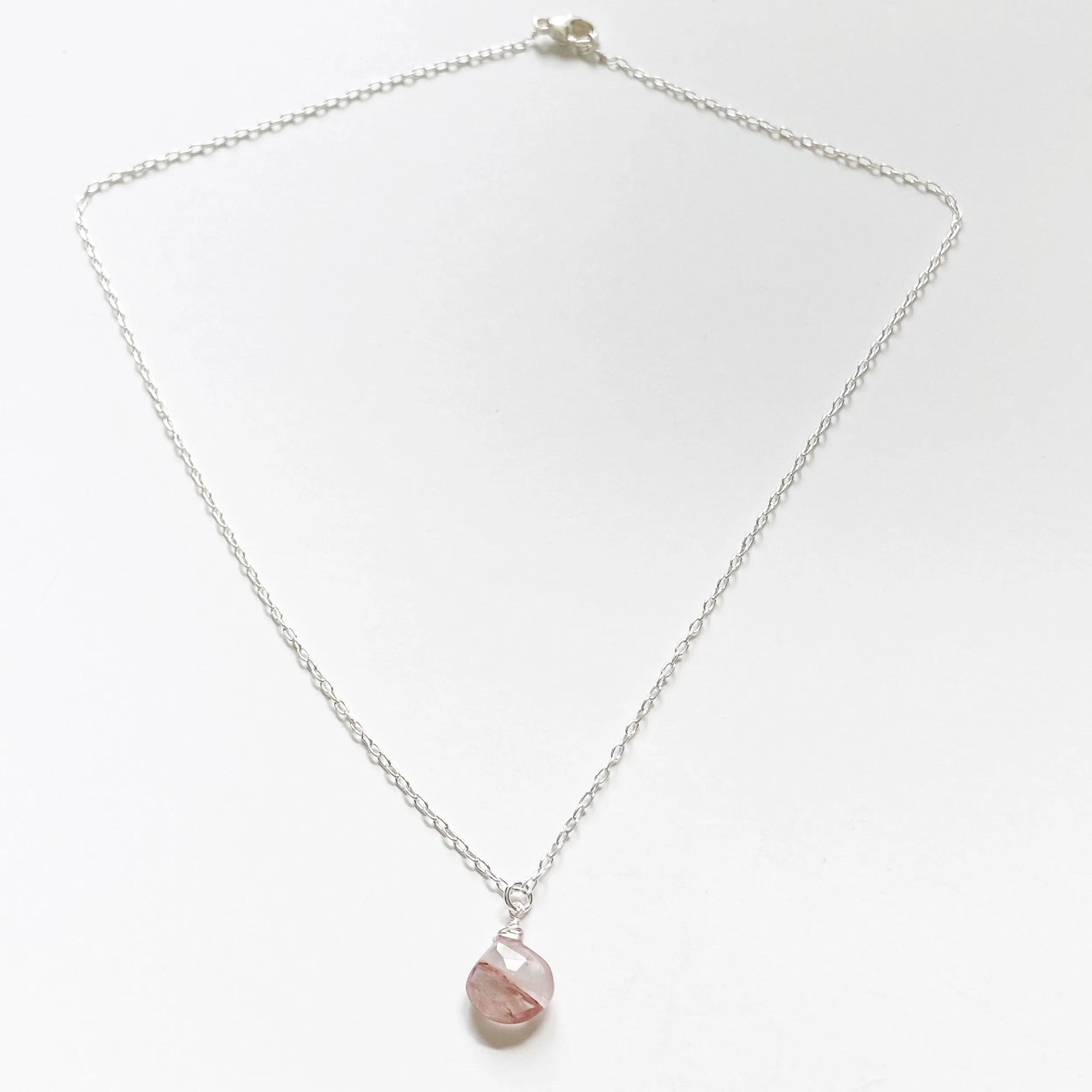 Strawberry Quartz Briolette Solitaire Mid Length Necklace in Silver or Gold (17.5 inches)