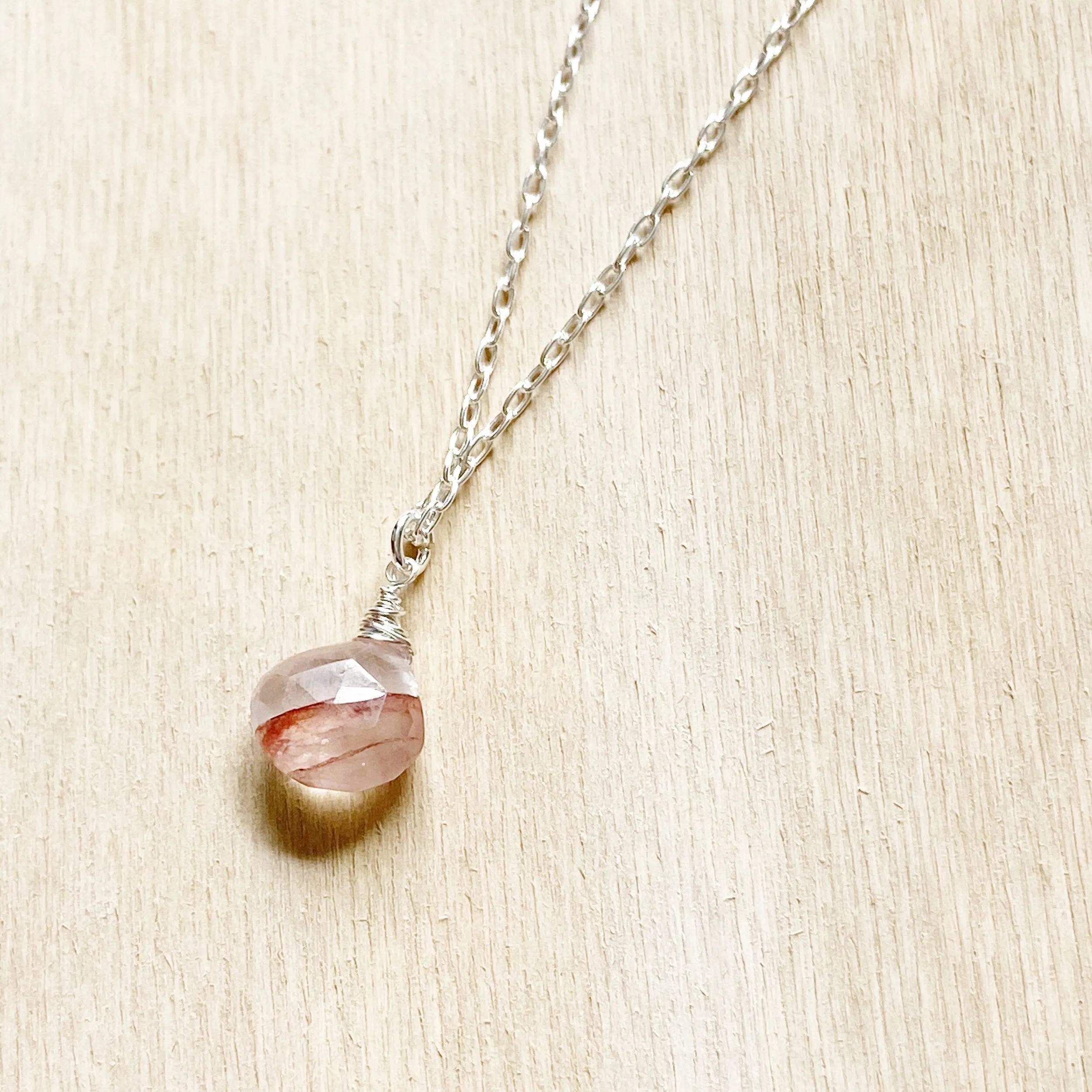 Strawberry Quartz Briolette Solitaire Mid Length Necklace in Silver or Gold (17.5 inches)