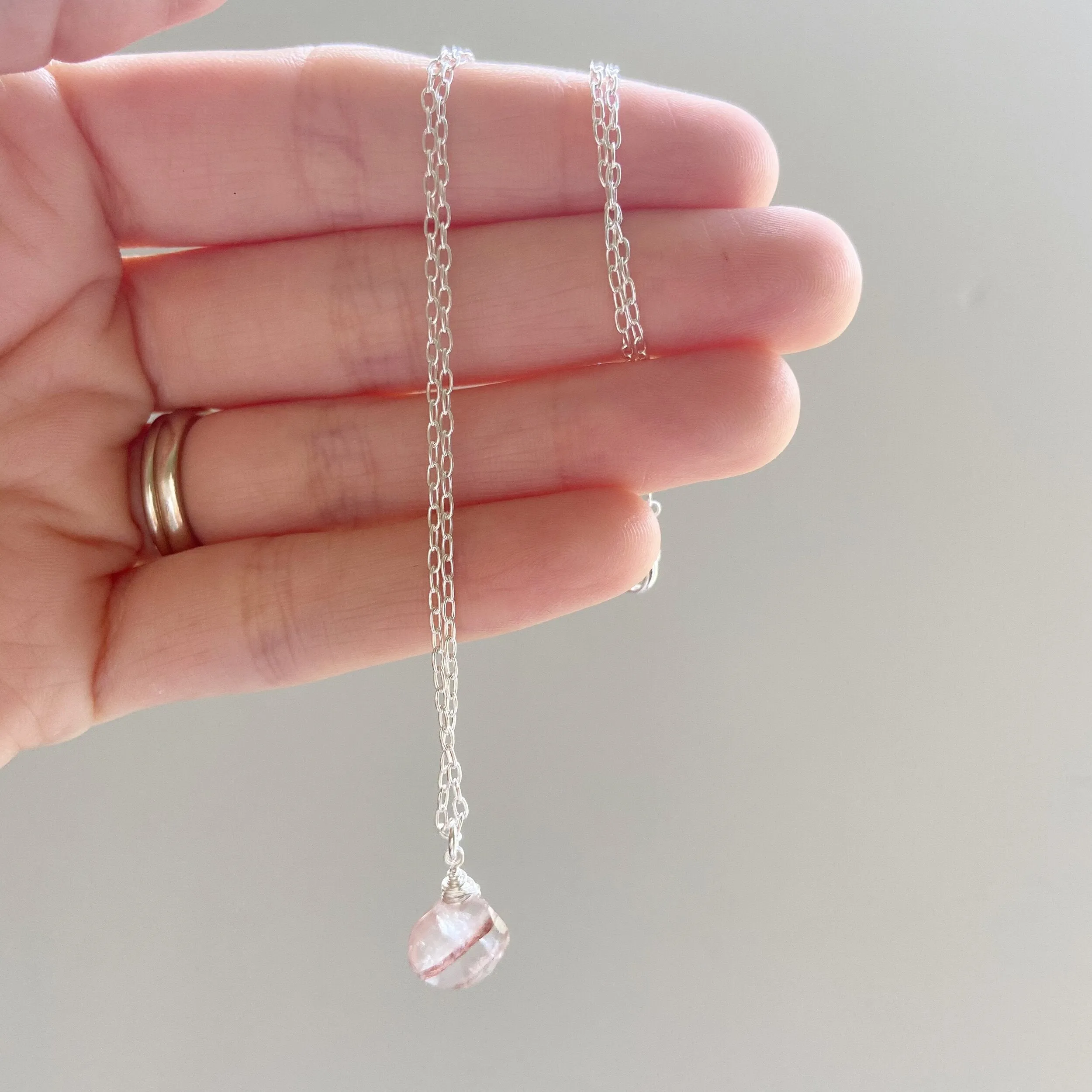 Strawberry Quartz Briolette Solitaire Mid Length Necklace in Silver or Gold (17.5 inches)