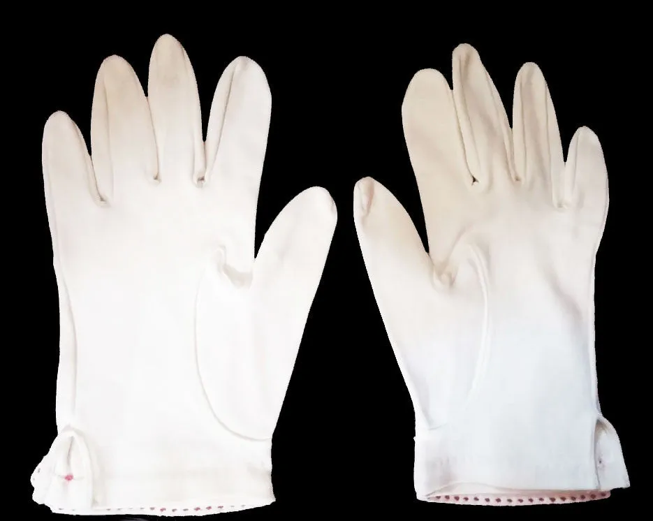 VINTAGE '50s / '60s WHITE COTTON GLOVES WITH RED TOP STITCHING & BUTTON ACCENT