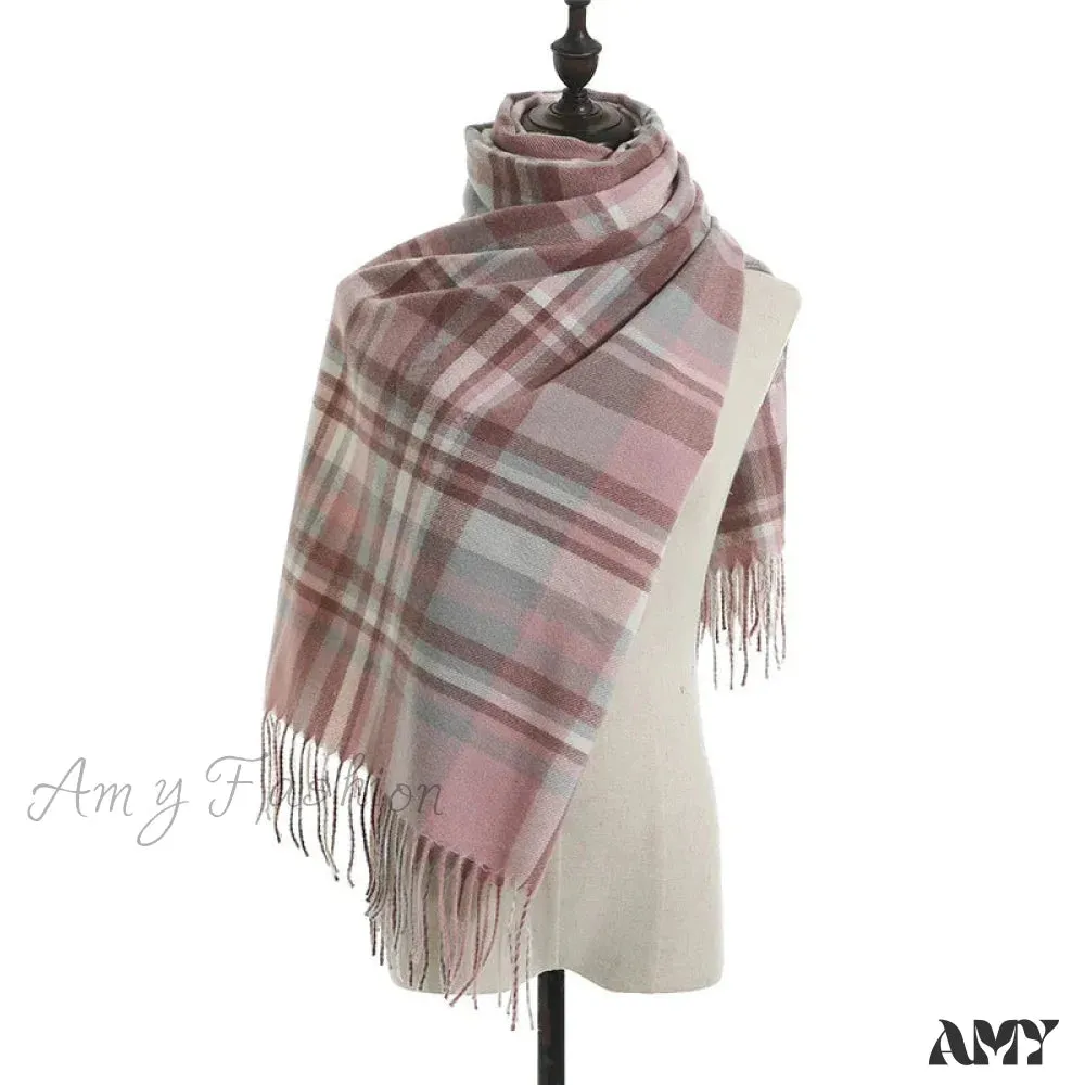 Vintage Plaid Cashmere Knit Tassel Scarf for Women