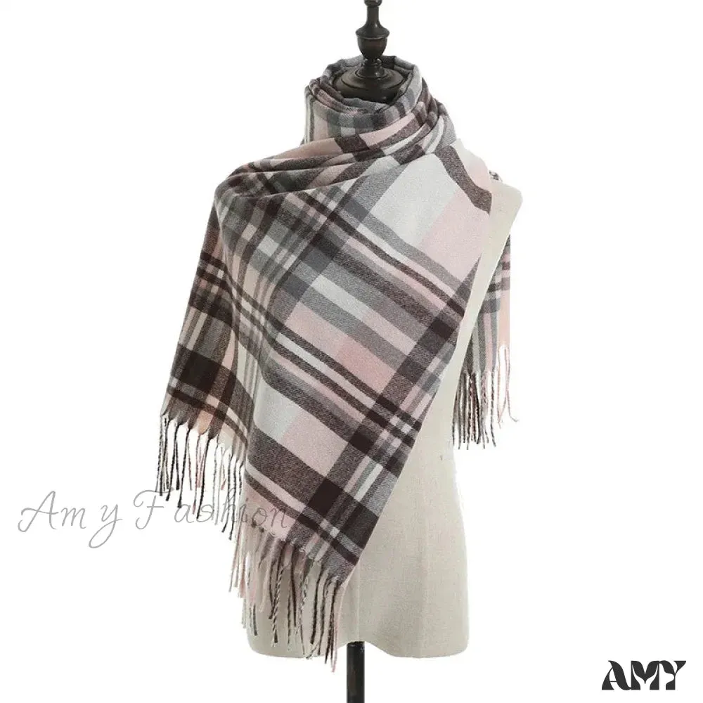 Vintage Plaid Cashmere Knit Tassel Scarf for Women