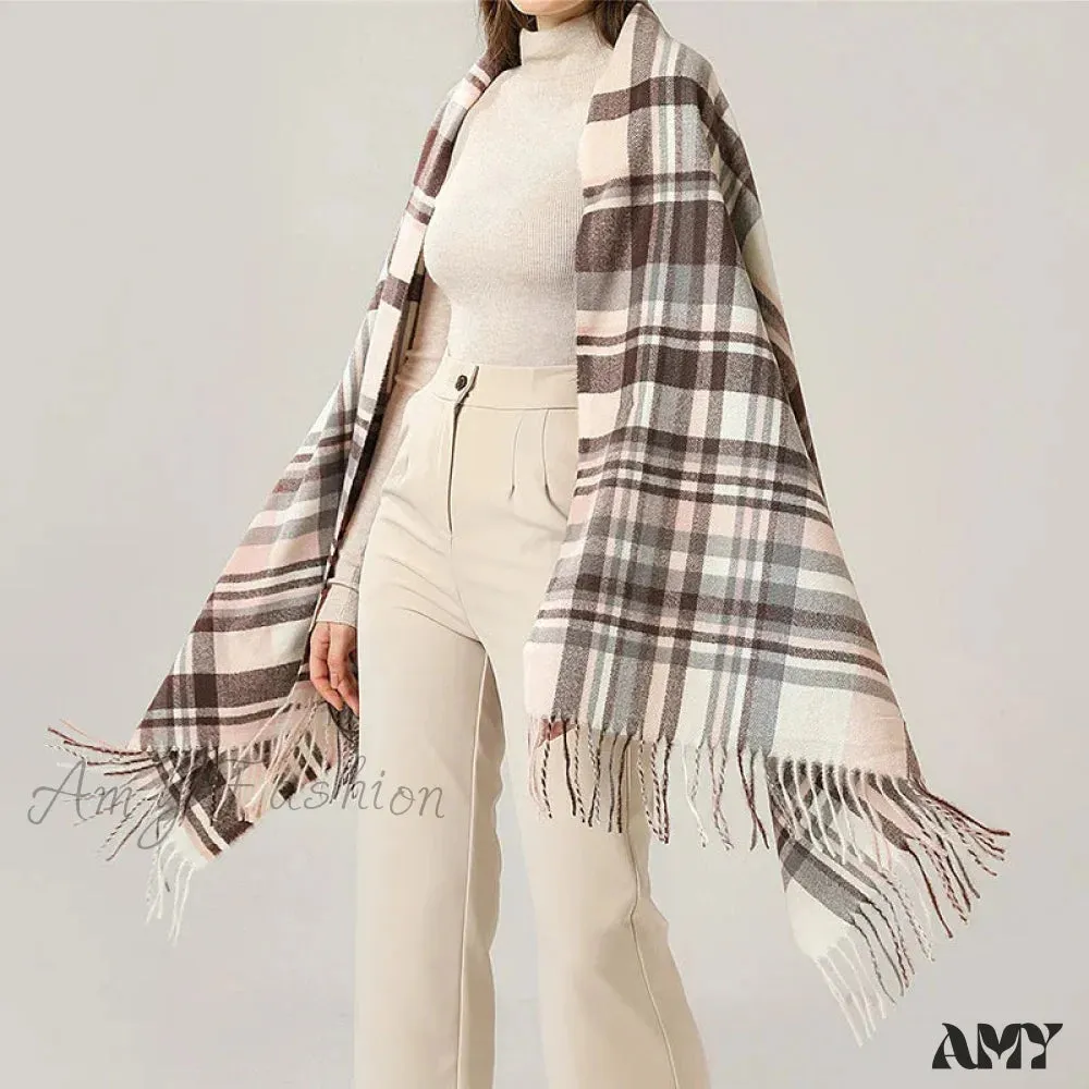 Vintage Plaid Cashmere Knit Tassel Scarf for Women