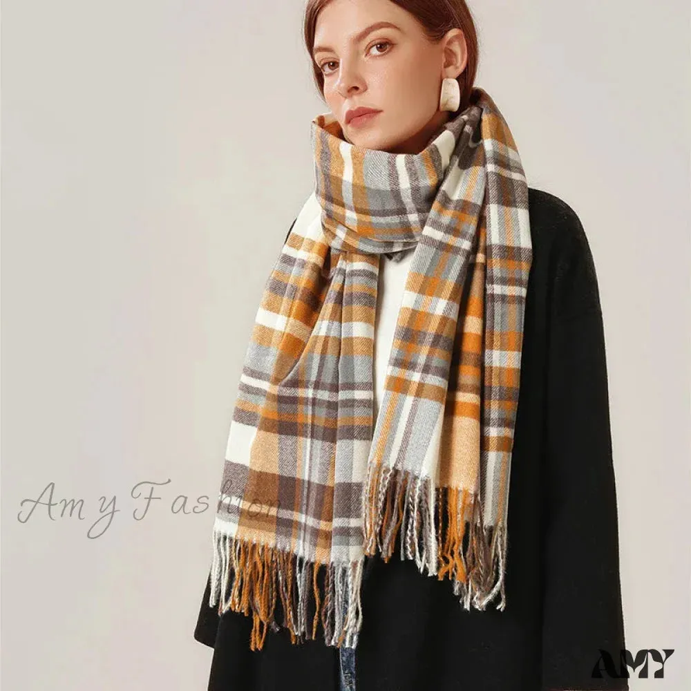 Vintage Plaid Cashmere Knit Tassel Scarf for Women