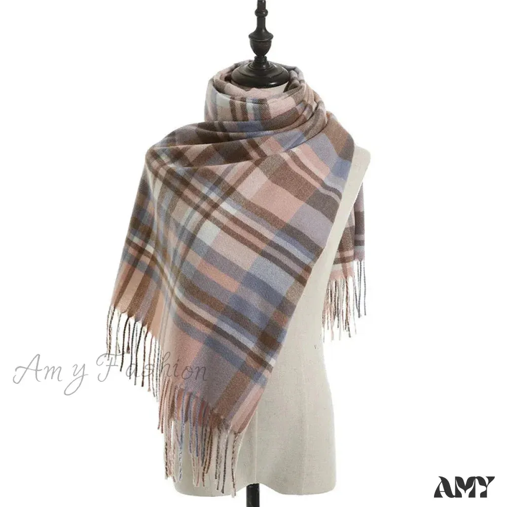 Vintage Plaid Cashmere Knit Tassel Scarf for Women