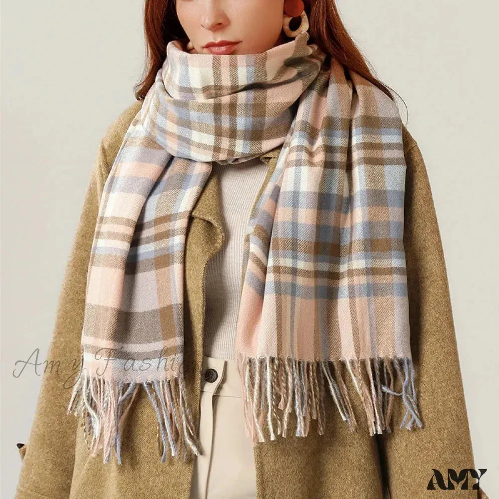 Vintage Plaid Cashmere Knit Tassel Scarf for Women