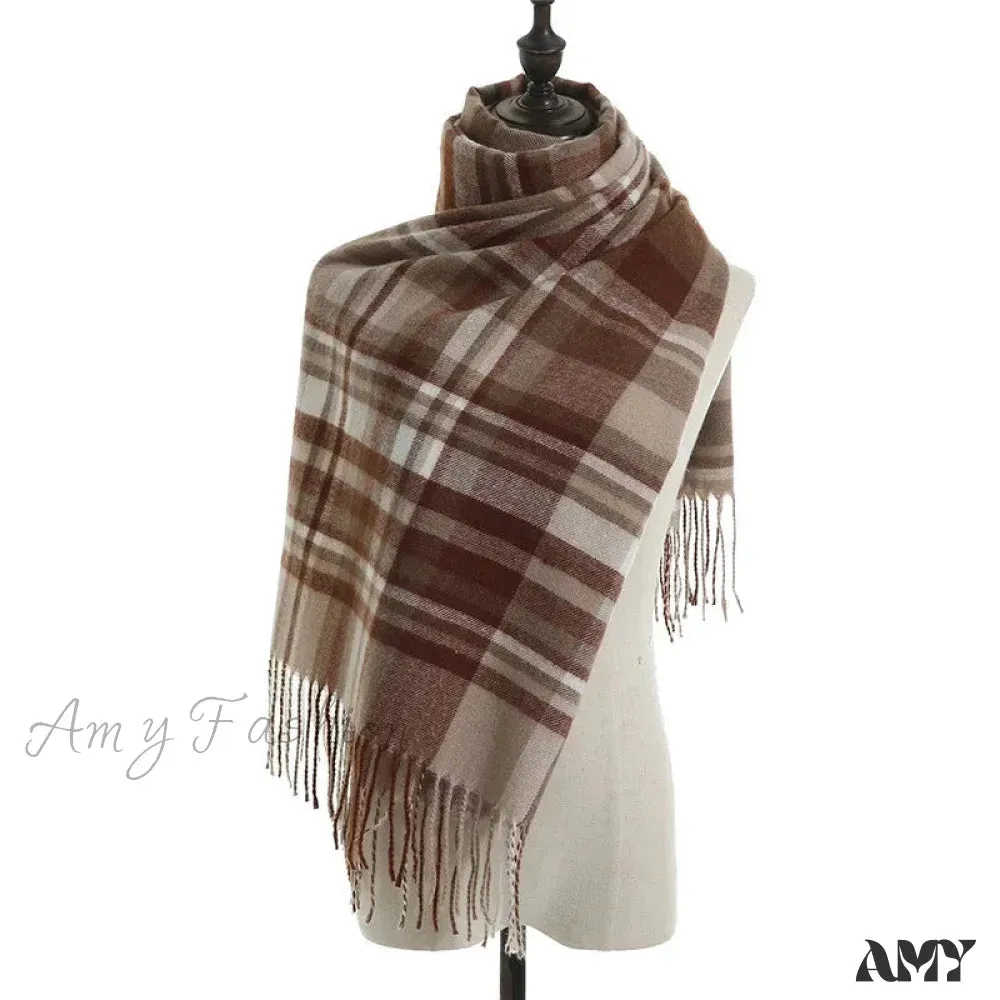 Vintage Plaid Cashmere Knit Tassel Scarf for Women