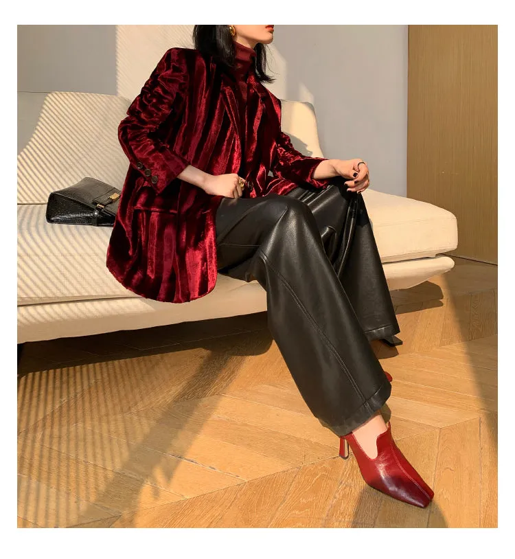 WANXO wine red acetate velvet suit jacket  new high-end silhouette coat- Serena