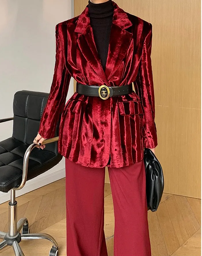 WANXO wine red acetate velvet suit jacket  new high-end silhouette coat- Serena