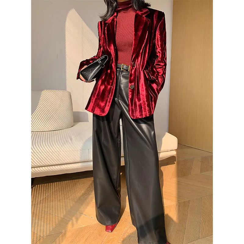 WANXO wine red acetate velvet suit jacket  new high-end silhouette coat- Serena