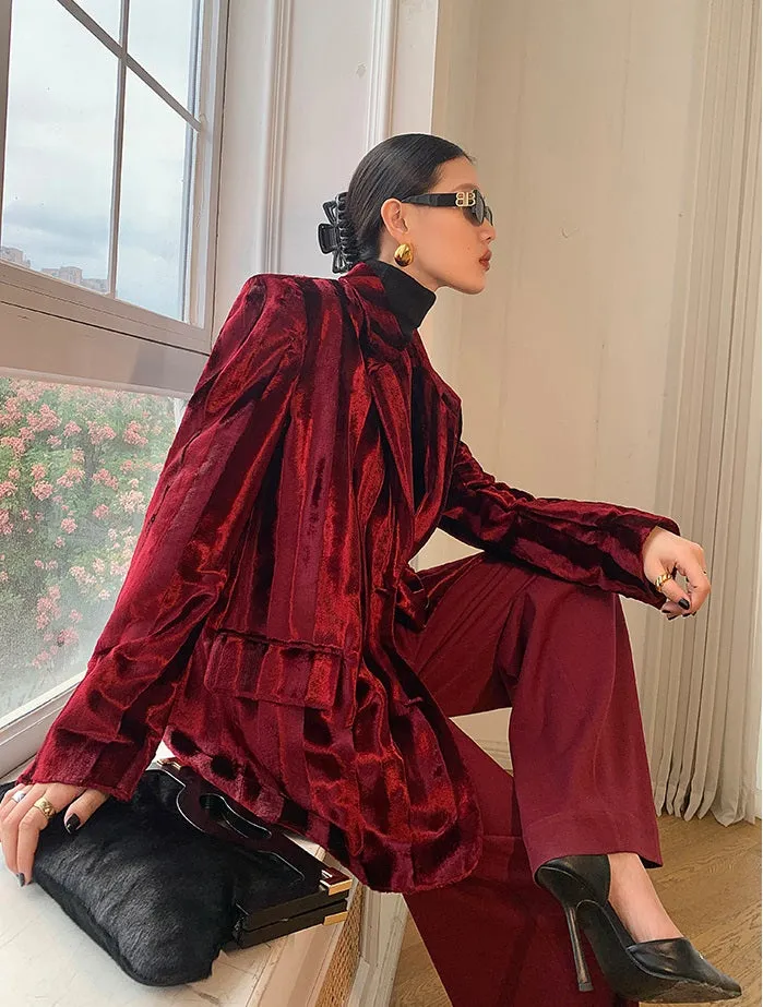 WANXO wine red acetate velvet suit jacket  new high-end silhouette coat- Serena