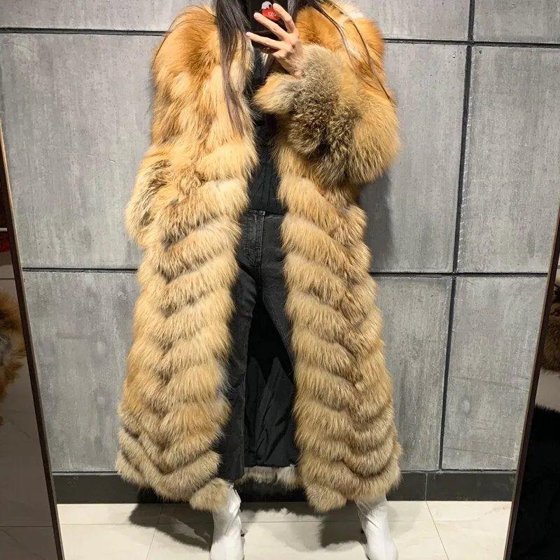 Warm Hooded Long Real Fox Fur Coat