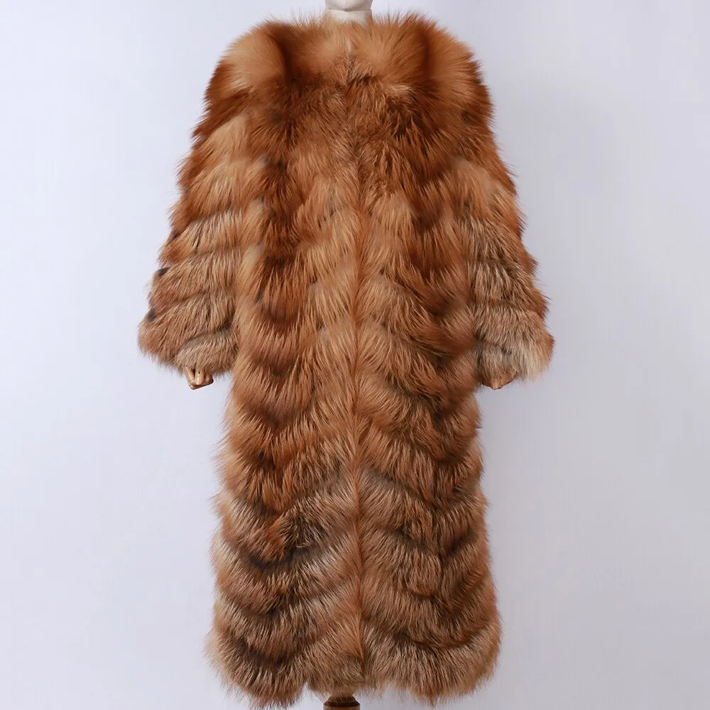 Warm Hooded Long Real Fox Fur Coat