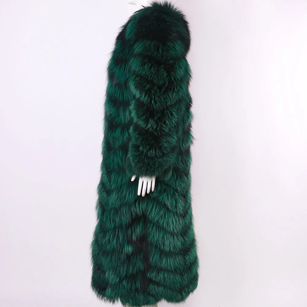 Warm Hooded Long Real Fox Fur Coat