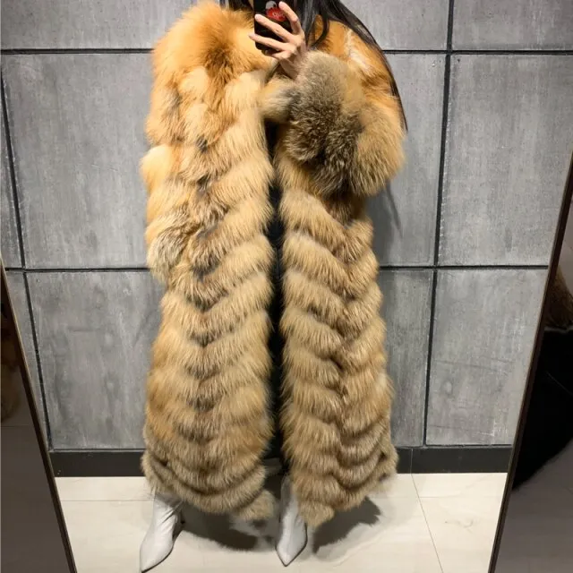 Warm Hooded Long Real Fox Fur Coat