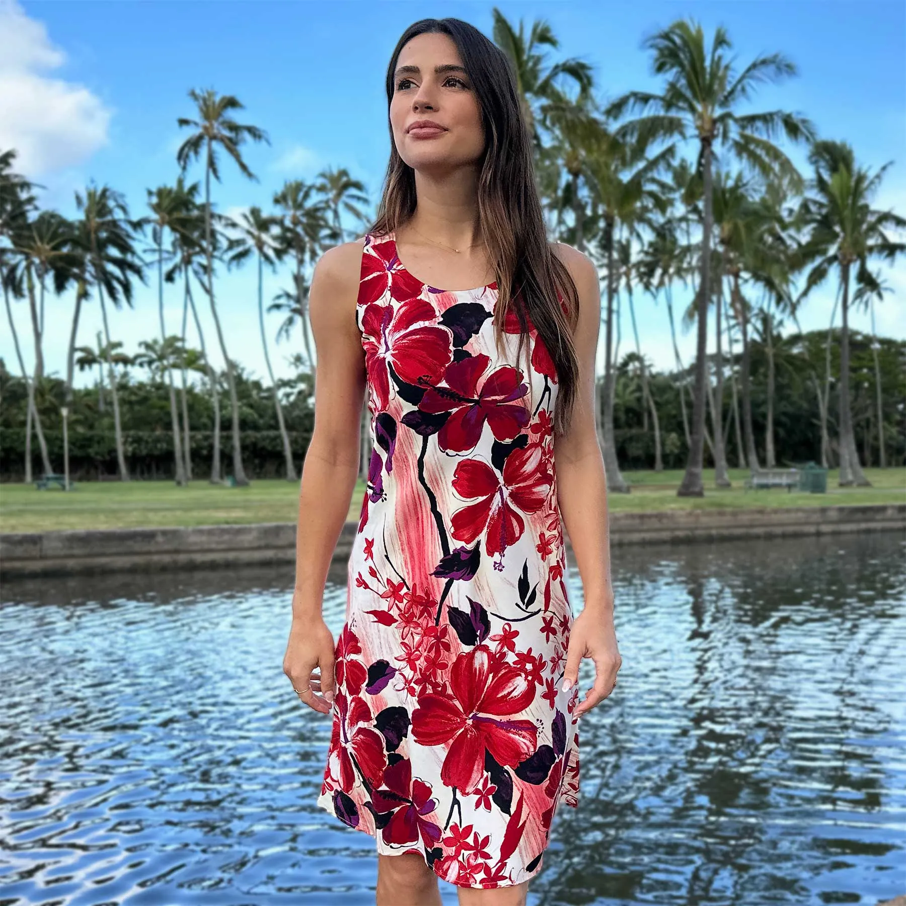 Watercolor Hibiscus Red Tank Dress