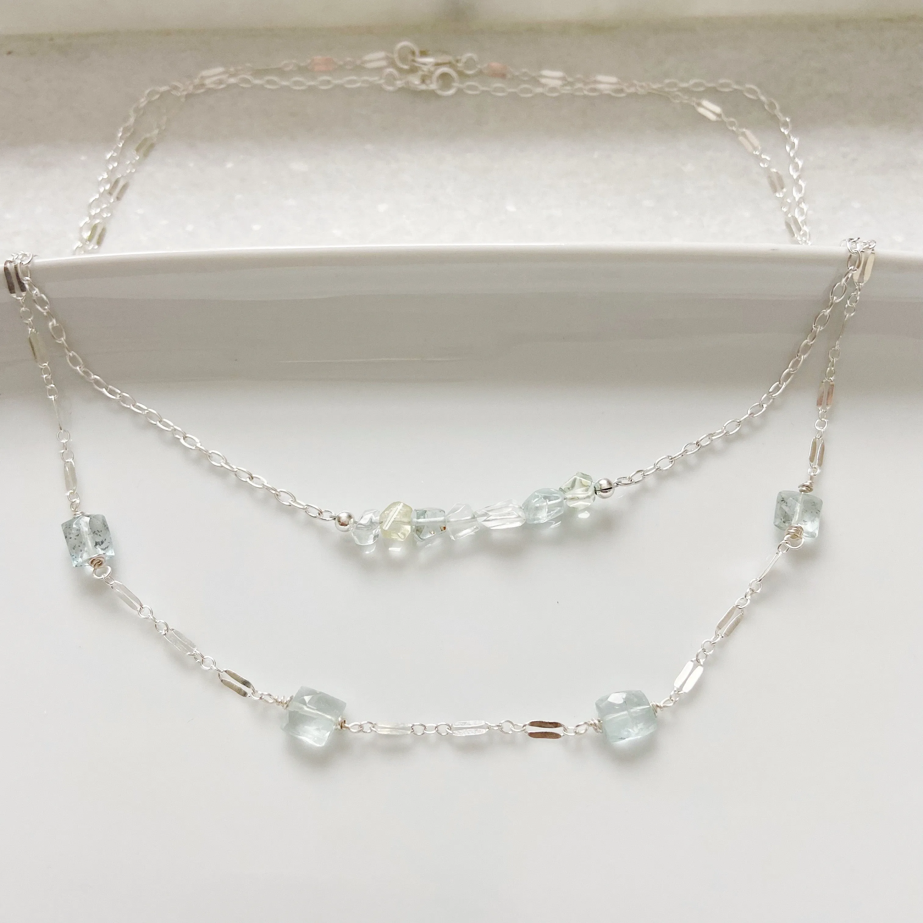 Whisper - Aquamarine Segmented Necklace in Silver or Gold(18 inches)